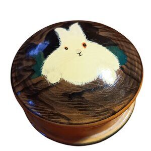 Vintage 1OF1 Hand-Painted Wooden Bunny Box 3.5x2" Handmade Trinket Jewelry